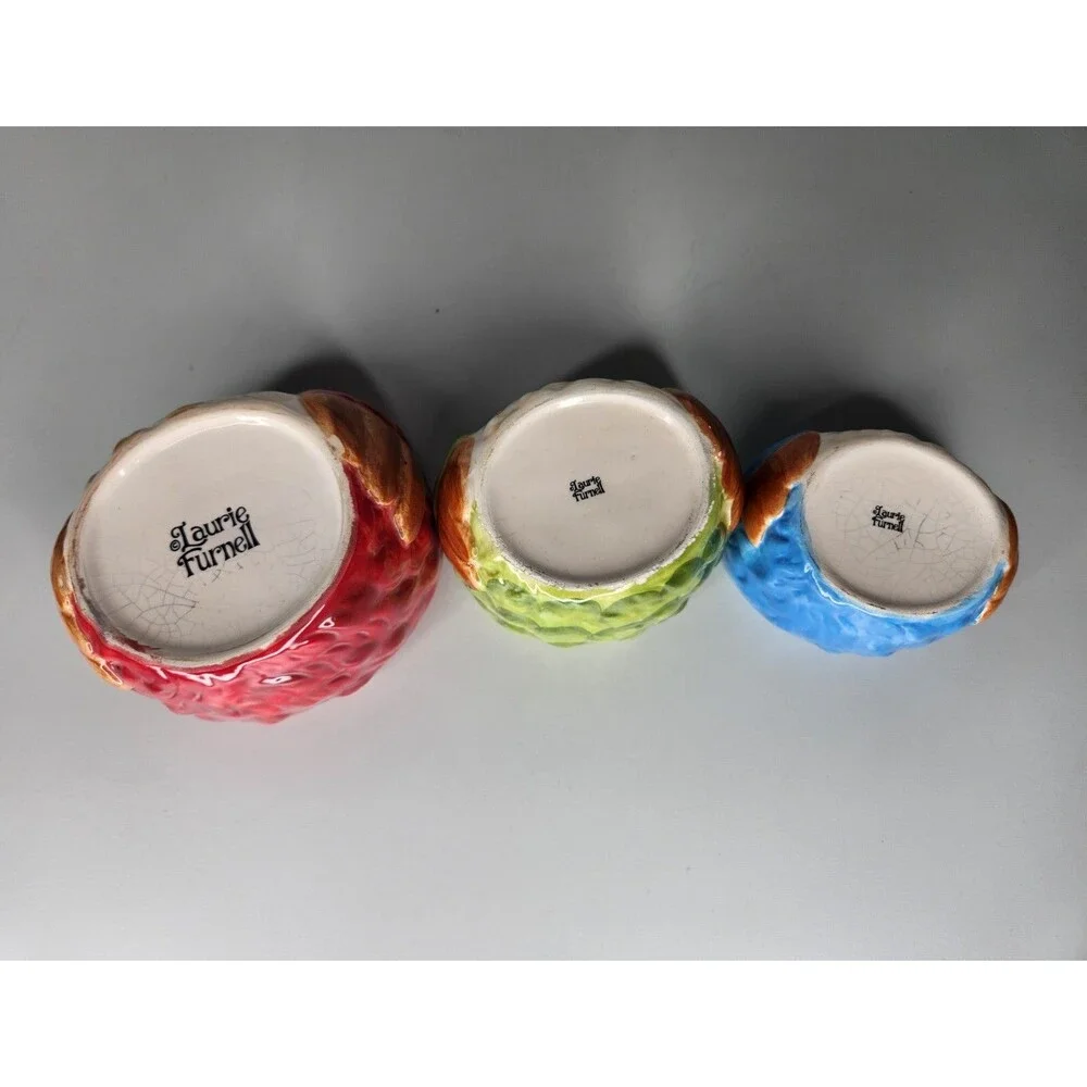 Set Of 3 Laurie Furnell Painted Ceramic Owl Bird Measuring Cups Nesting Colorful